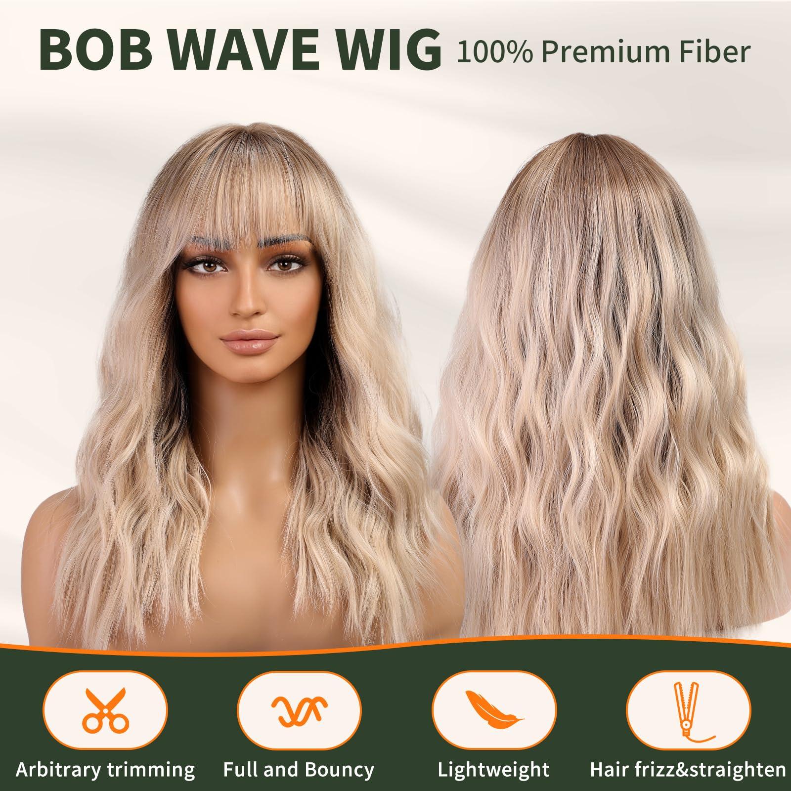 KOME KOME Blonde Wig with Bangs,Dirty Blonde Wavy Wigs for Women,Shoulder Length Curly Synthetic Hair Wig for Party Daily Use 18IN