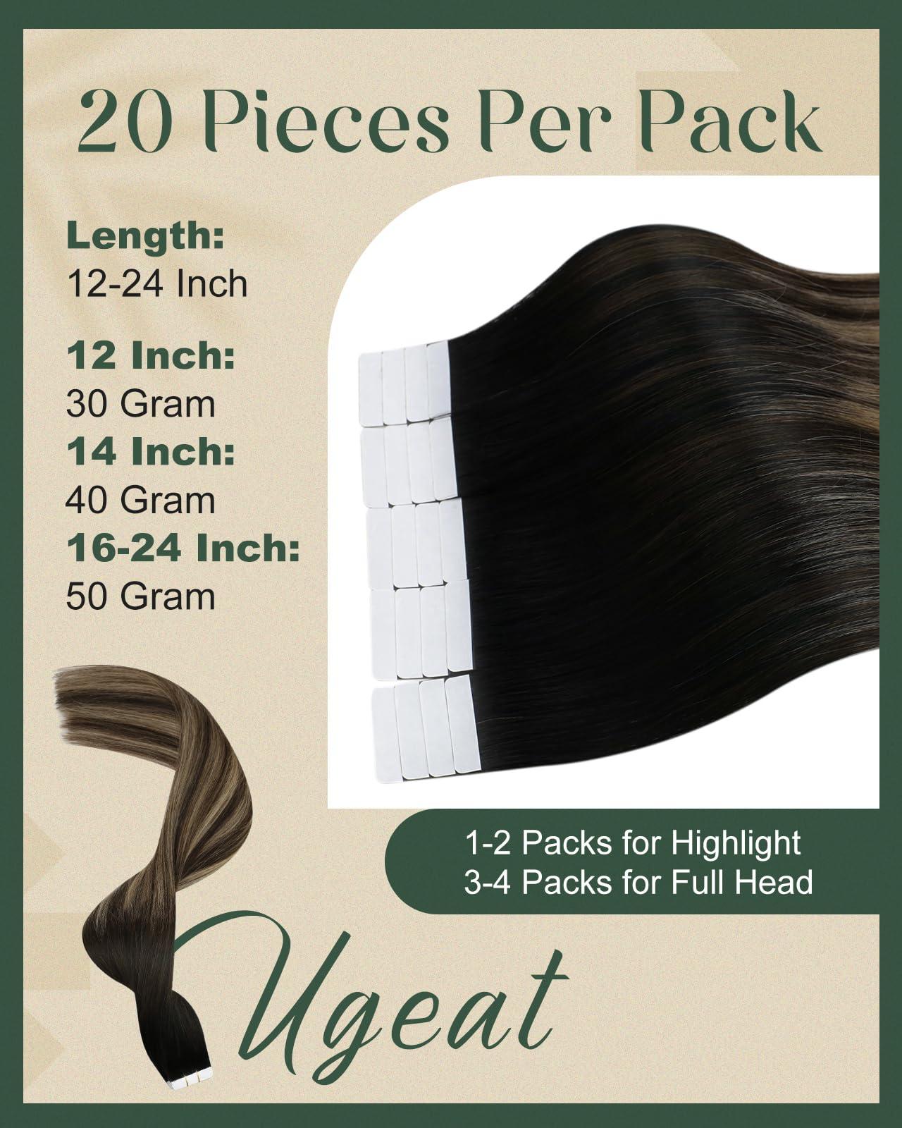 Ugeat Ugeat Balayage Brown Tape ins Human Hair Extensions Natural Black to Dark Brown Mix Caramel Blonde Ombre Seamless Tape in Hair Extensions for Women 22 Inch Add Length 20Pcs 50G