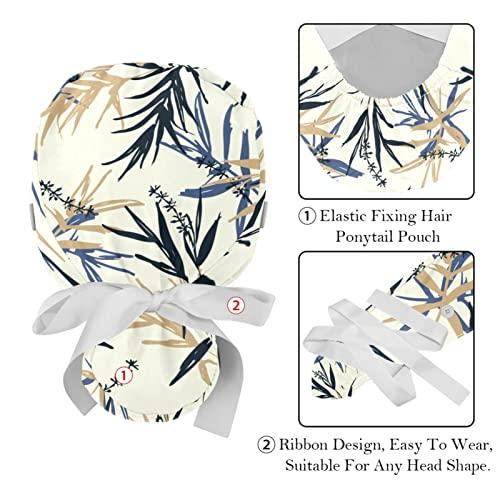 Lyetny Blue and Beige Bamboo Leaves and Flower Oriental Scrub Caps Hats Women Bouffant Working Hat Ponytail Holder for Women Long Hair Covers 2PCS