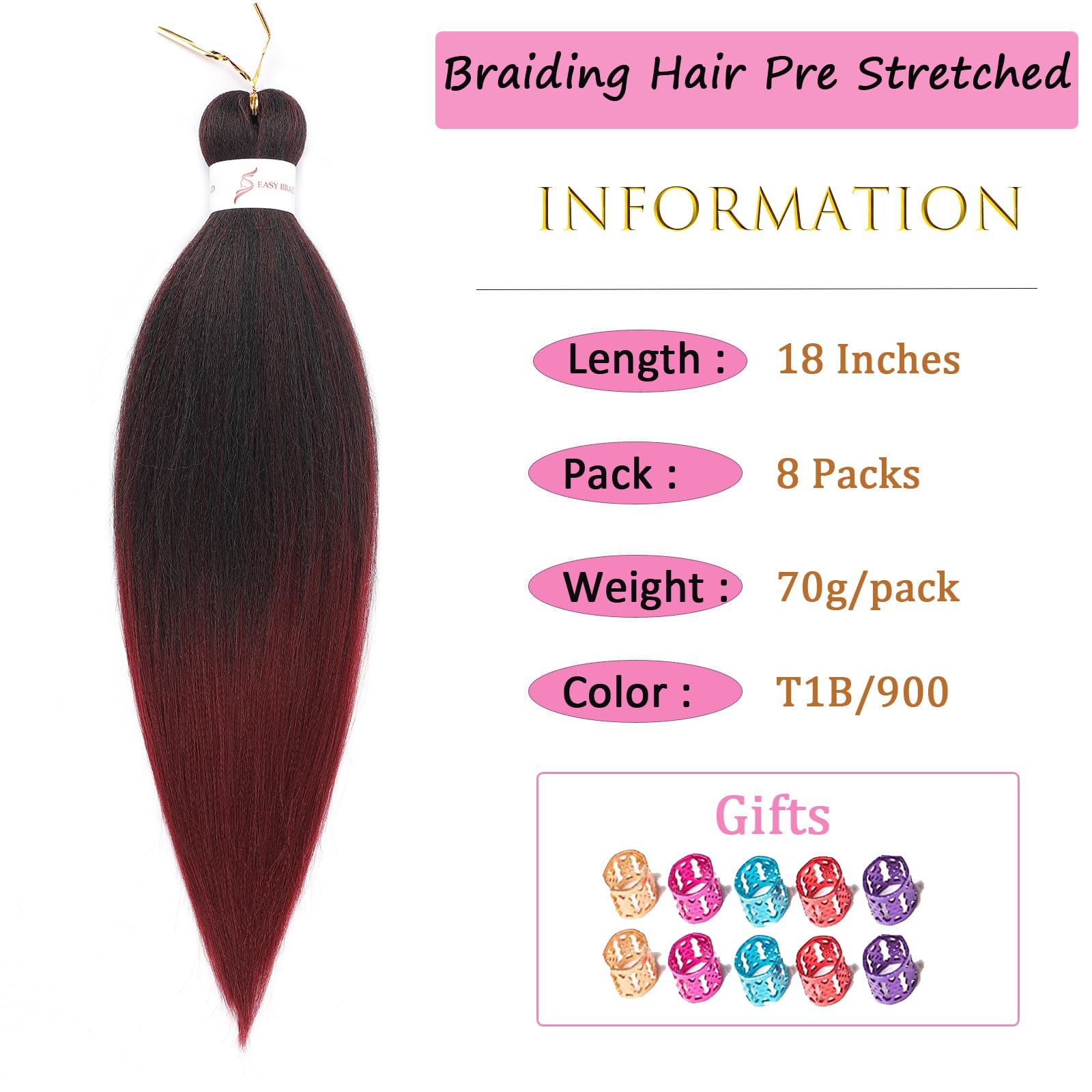Zoewan Ombre Burgundy Braiding Hair Pre stretched 8 Packs 18 Inch Kanekalon Yaki Texture Pre stretched Hair For Braiding Professional Synthetic Hair Extension Itch Free Hot Water Setting(18\", T1B/900#)