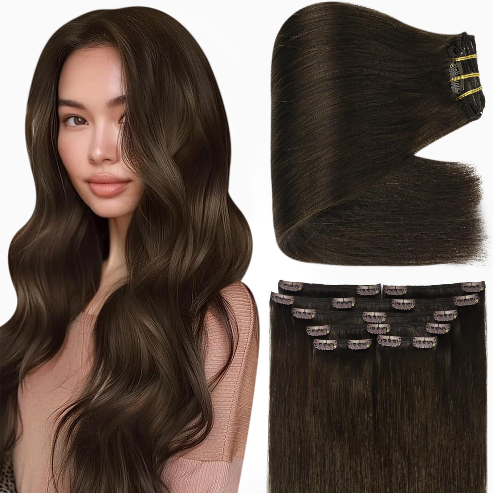 Full Shine Full Shine Clip in Hair Extensions Dark Brown 22 Inch Thick Hair Extensions Real Human Hair Straight Brown Invisible Remy Hair Extensions Clip in Human Hair Extra Volume 7 Pcs