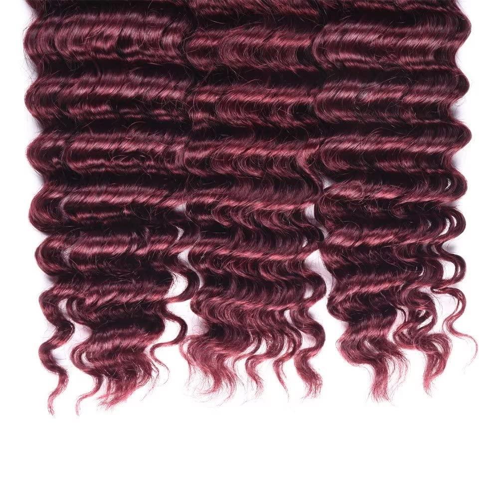 FEEL ME 99j Deep Wave Human Hair Bundles Brazilian Hair Weave 3 Bundles Red Burgundy Deep Curly Human Hair Bundles 14 16 18 Inch 10A Unprocessed Brazilian Curly Virgin Hair Extensions