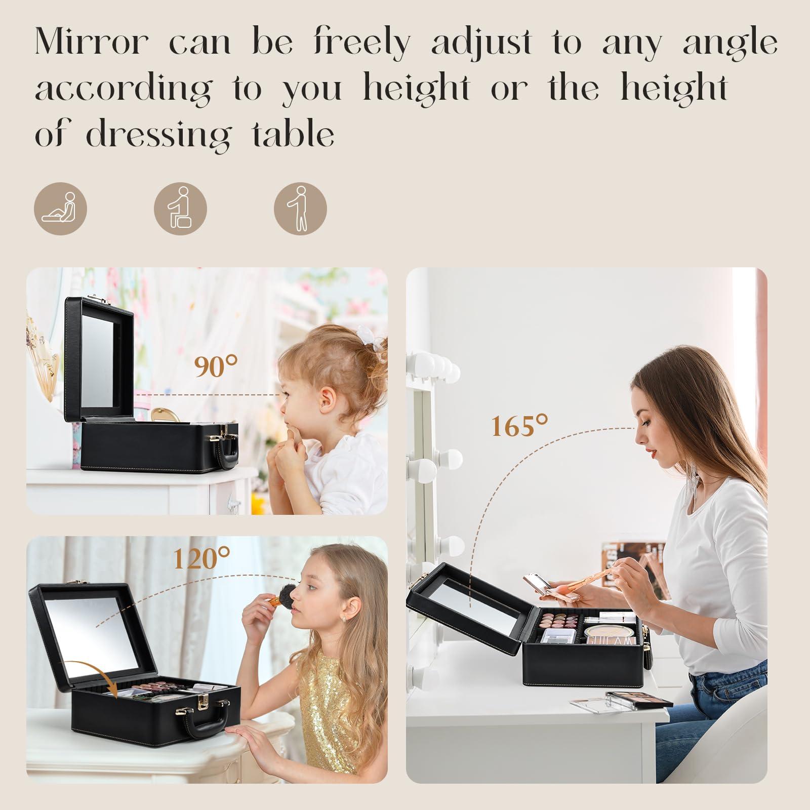 Joligrace Joligrace Travel Makeup Case, Travel Makeup Organizer Case with Mirror, Makeup Train Case Leather Portable Makeup Box Storage Bag,with Adjustable Dividers & Brush Holder (Black)