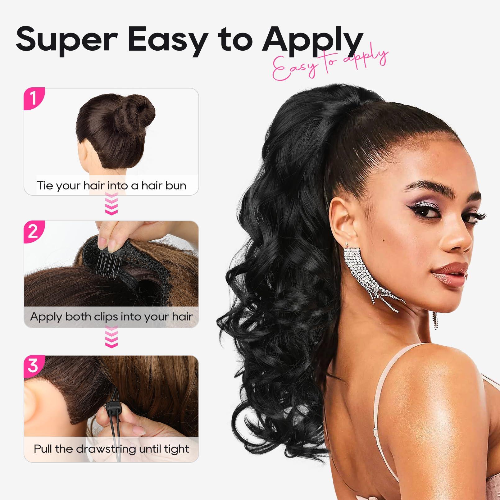 REECHO REECHO Ponytail Extension, 18 inch Drawstring Ponytail Hair Extensions Long Curly Wavy Clip in Pony Tail Synthetic Hairpiece for Women, Chocolate Brown with Highlights