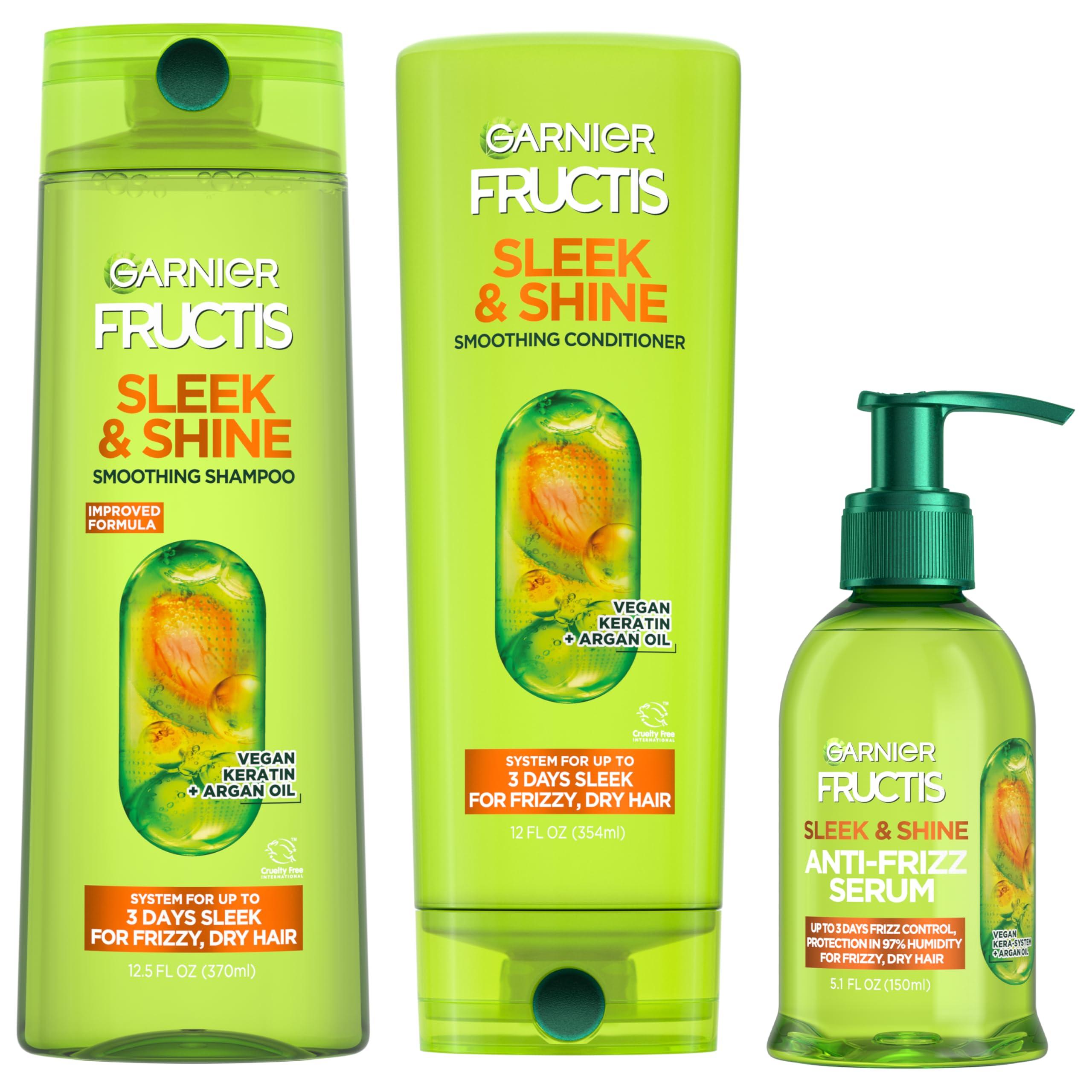 Garnier Garnier Fructis Sleek & Shine Shampoo, Conditioner + Anti-Frizz Serum Set for Frizzy, Dry Hair, Argan Oil (3 Items), 1 Kit (Packaging May Vary)