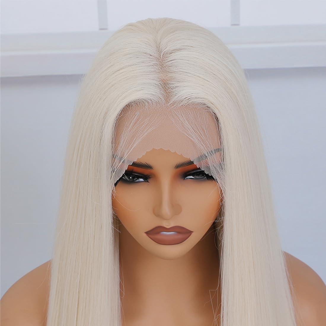 Veally Platinum Blonde Synthetic Lace Front Wig Pre Plucked Ready to Wear 13x4 HD Glueless Straight Lace Front Wig for Women Natural Looking Synthetic Heat Resistant Fiber Platinum Blonde Wig (26 Inch)