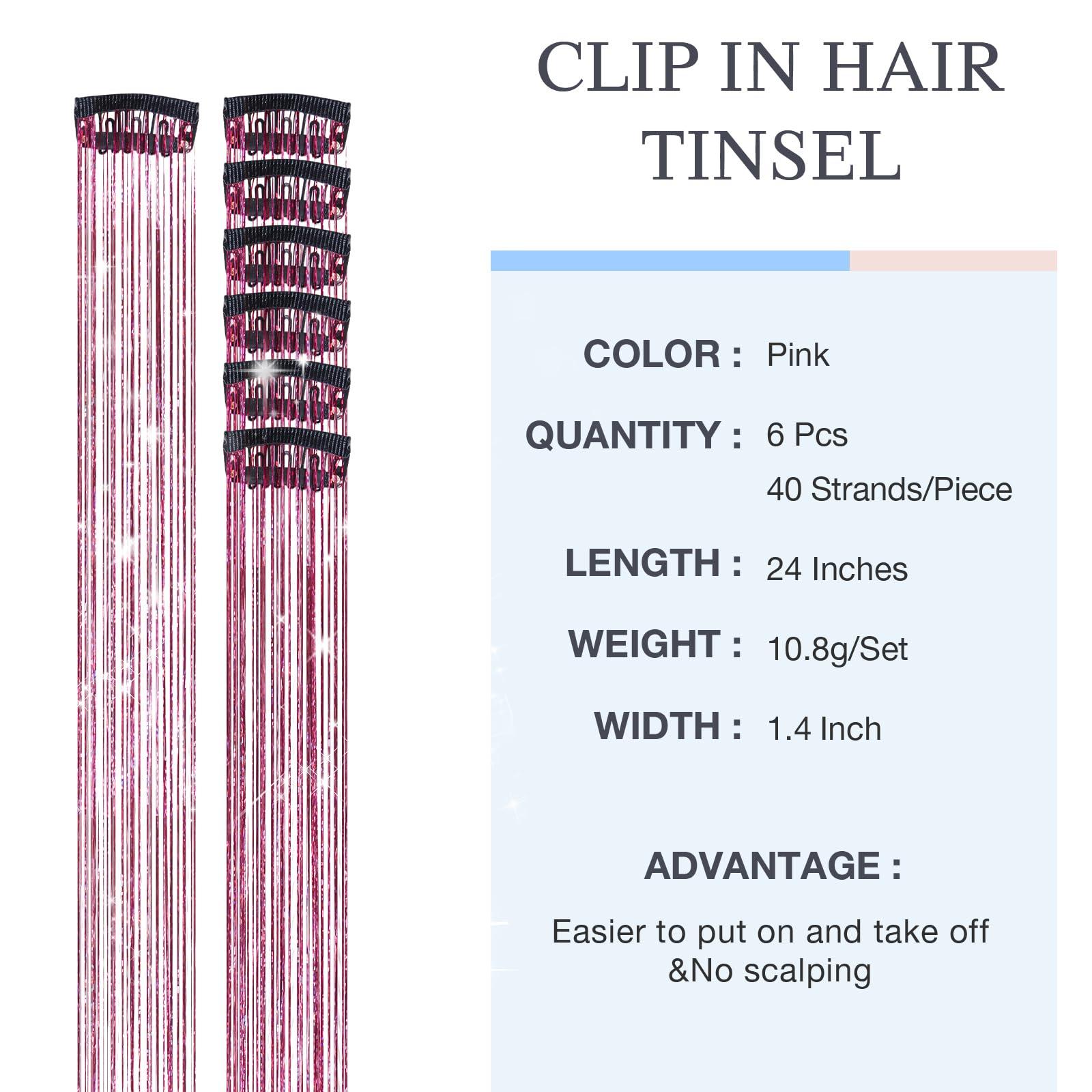 DOORES DOORES Hair Tinsel Kit 6 Pcs Tinsel Hair Extensions, 24 Inch Fairy Hair Accessories Dazzle Hair Sparkle Strands Shiny Glitter Hair Extensions Pink Hair Clip ins Hair Tinsel Kit for Girls (Pink)