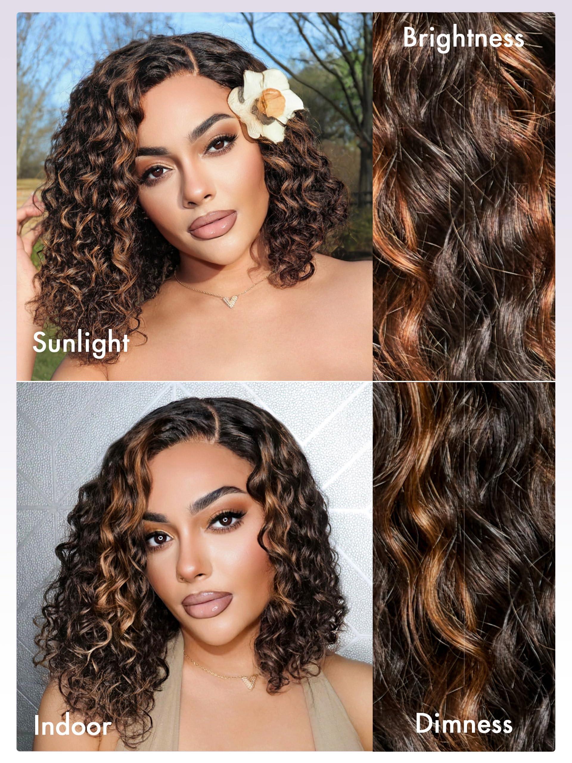 LUVME HAIR LUVME HAIR 12\" Curly Glueless Wigs Human Hair Pre Plucked Pre Cut, Undetectable HD Lace Curly Bob Wig Human Hair Short Black Wig with Blonde Highlights Ready to Go Wig 180 Density