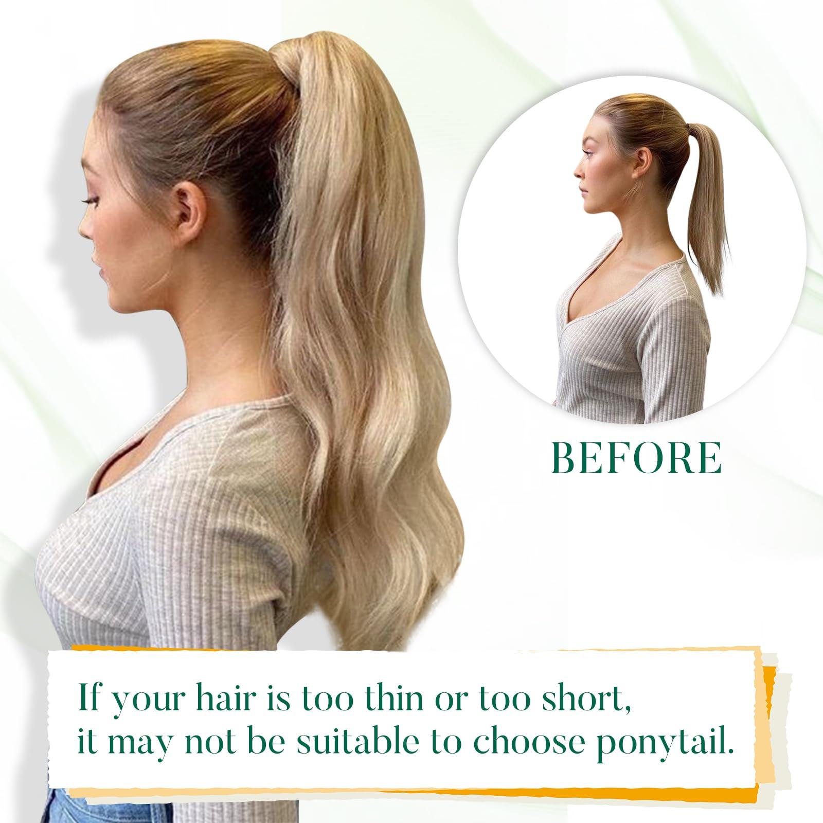 Easyouth Ponytail Extensions Human Hair Blonde Human Hair Ponytail Ash Blonde Highlighted Bleach Blonde Pony Tails Hair Extensions Real Human Hair for Women 16Inch 80g #18P613
