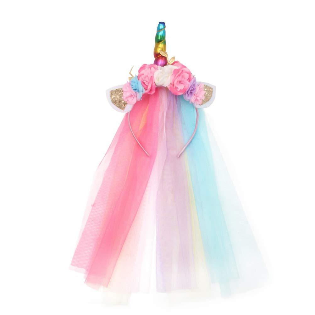 SaditY 2pcs Unicorn Headband with Veil Rainbow Unicorn Hair Hoop Gauze Flower Head Hoop for Girl