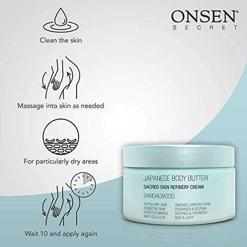 Onsen Secret Onsen Japanese Body Butter for Women - Skin Refinery Cream Natural and Organic Shea Butter Moisturizing Clear Skin Exfoliator with Coconut Oil and Vitamin E - 8.6 fl oz / 255 ml (Sandalwood)