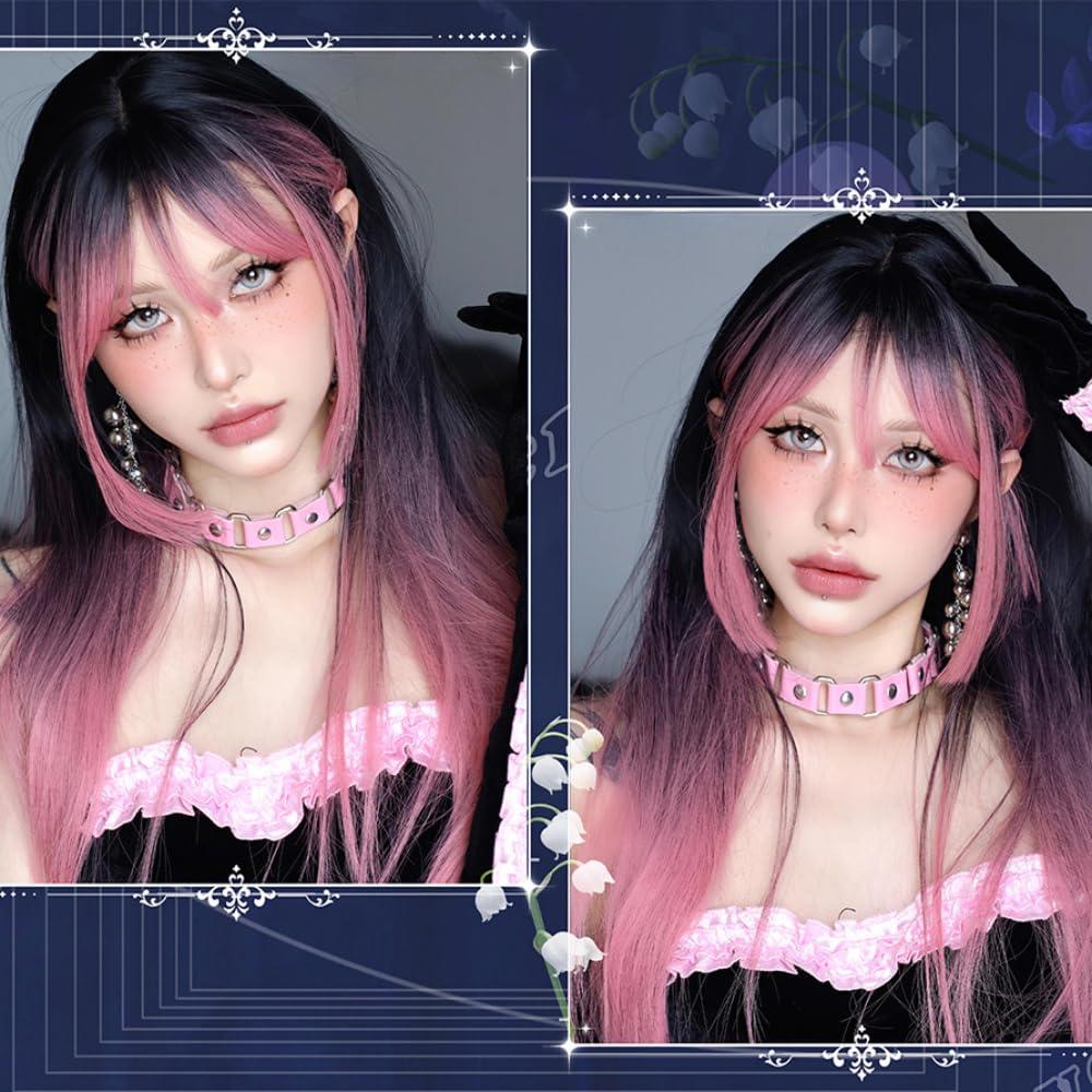 SCORRO SCORRO Hime Cut Split Dye Wig Long Straight Wig with Highlight Bangs, Black Gradient Red Wig, Pink and Black, Purple Black, Gothic Style Y2k Party Wig Lolita Daily Wigs (Pink and black)