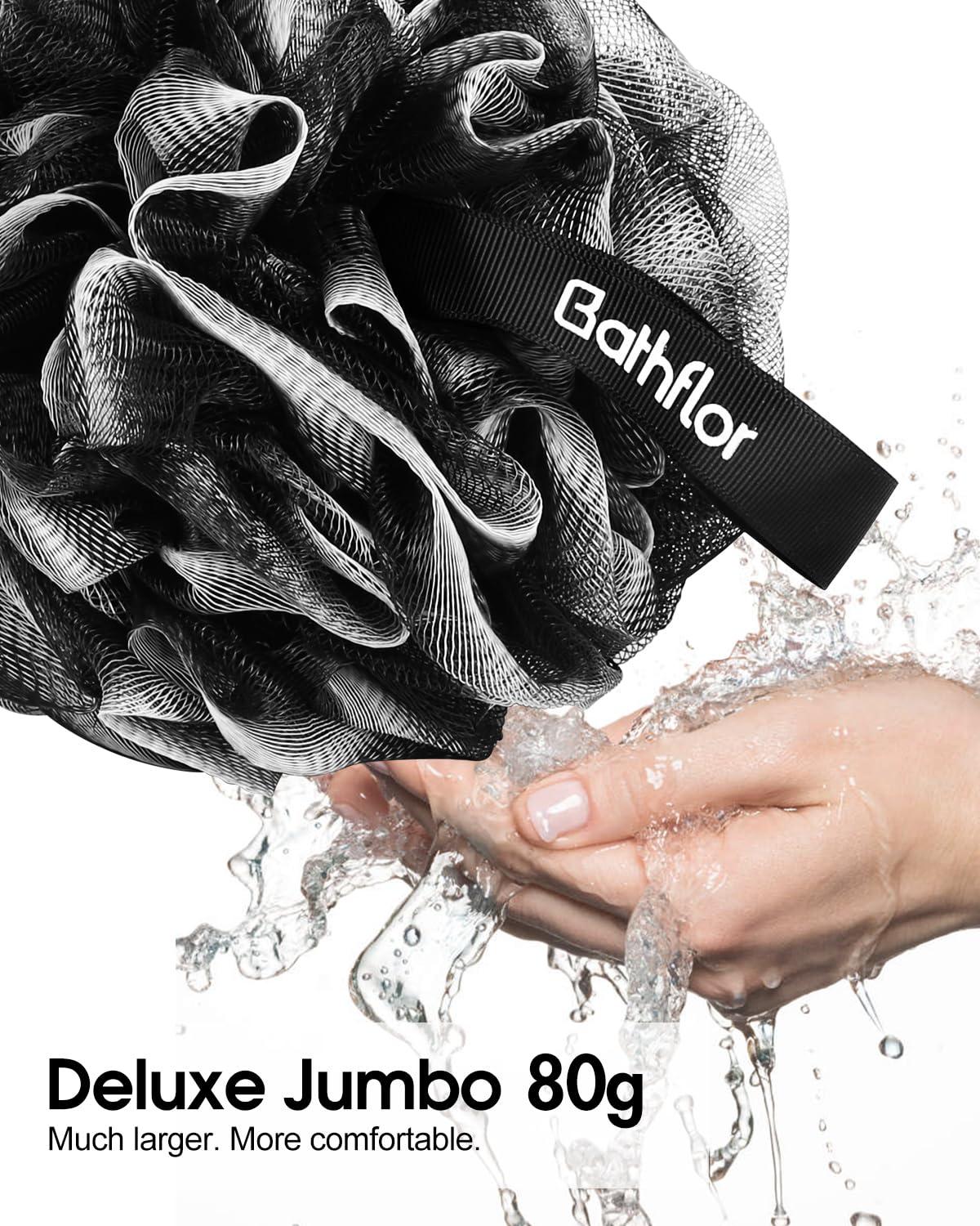 Bathflor Loofah Sponge, 80g Loofahs for Men Women, 5-in-1 Large Shower Loofah Exfoliating Body Scrubber, 2 Bath Sponge Loofa Packs, 2 Loofah with Handle Body Wash Back Scrubber, 1 Luffa Hook, Black