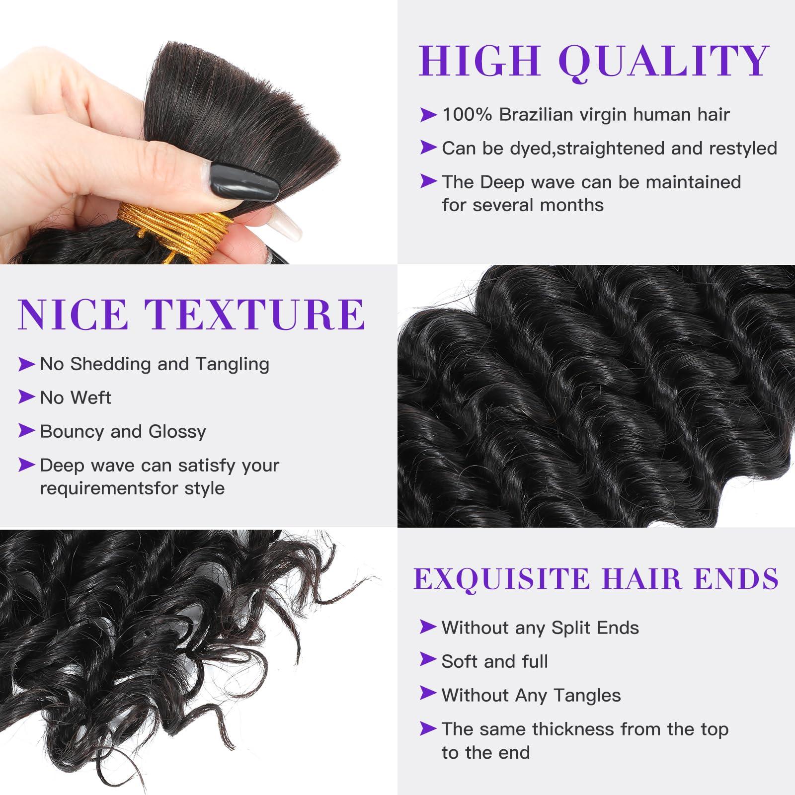 CAUBINO Human Braiding Hair Deep Wave Bulk 100% Unprocessed Brazilian Virgin Human Hair Extensions (1 Pack-2 Bundles) No Weft Micro Human Hair Bundles for Braiding Natural Black 26 Inch