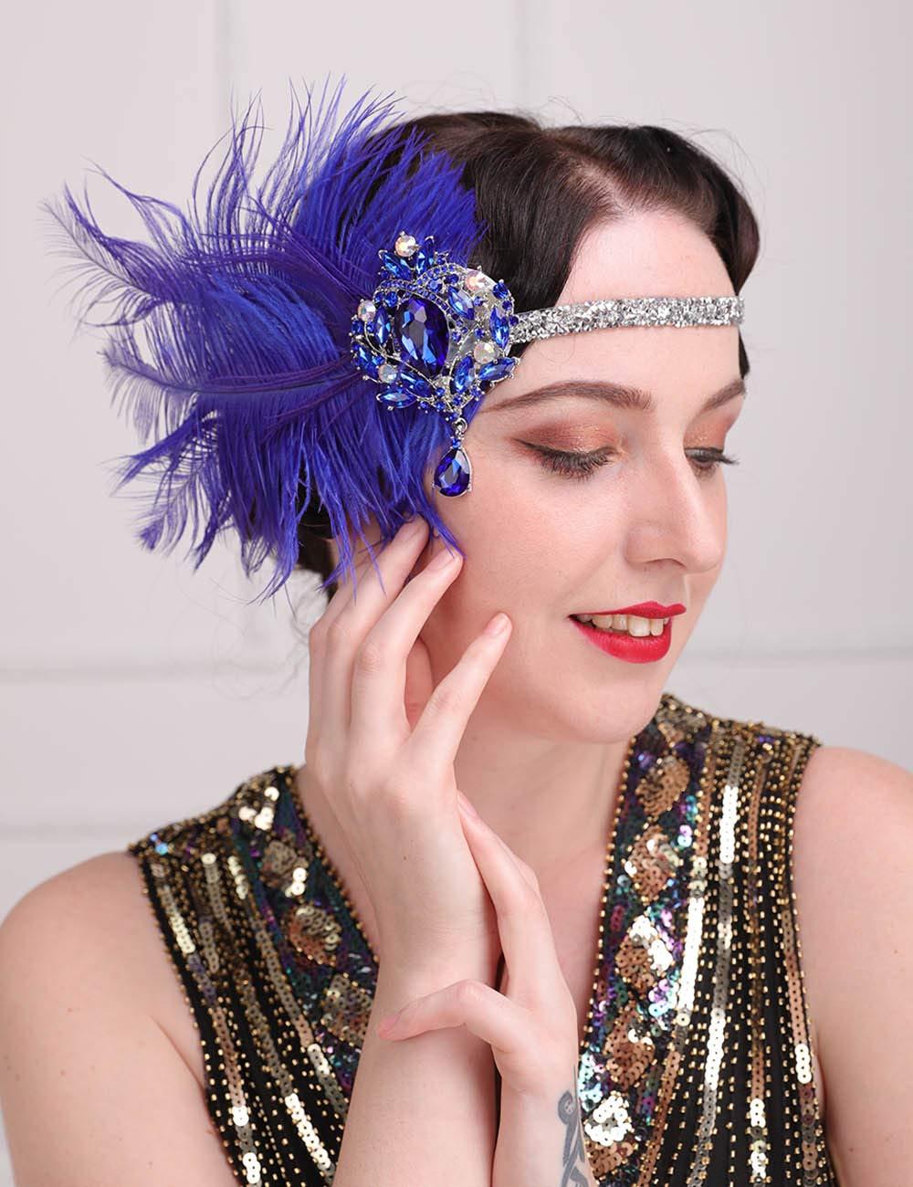 Aimimier Aimimier 1920s Flapper Feather Headband Royal Blue Sapphire Headpiece with Sparkling Crystal Head Chain Masquerade Hair Accessories for Women