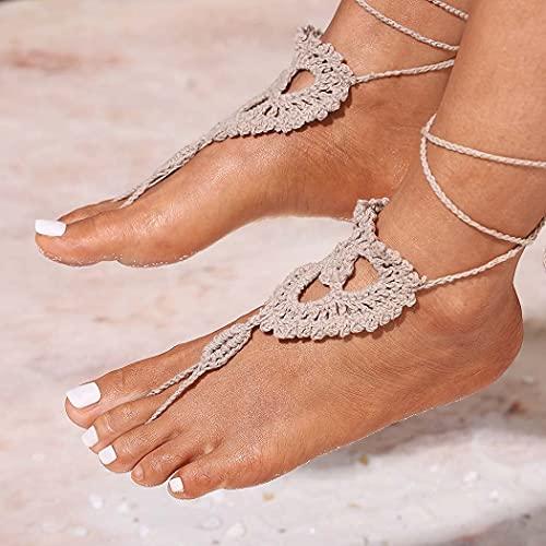 Aularso Aularso Layered Wedding Anklet Shoes Crochet Barefoot Sandals Ankle Bracelets Lace Ring Foot Chain Beach Feet Jewelry for Women and Girls (2PCS) (Khaki)