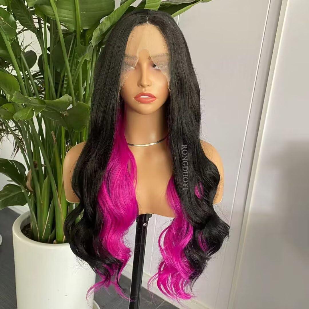 RONGDUOYI Half Black Half Pink Lace Front Wigs for Women Long Body Wave Synthetic Hair Glueless Natural Hairline Daily Use Hot Pink Highlights Cosplay Wig