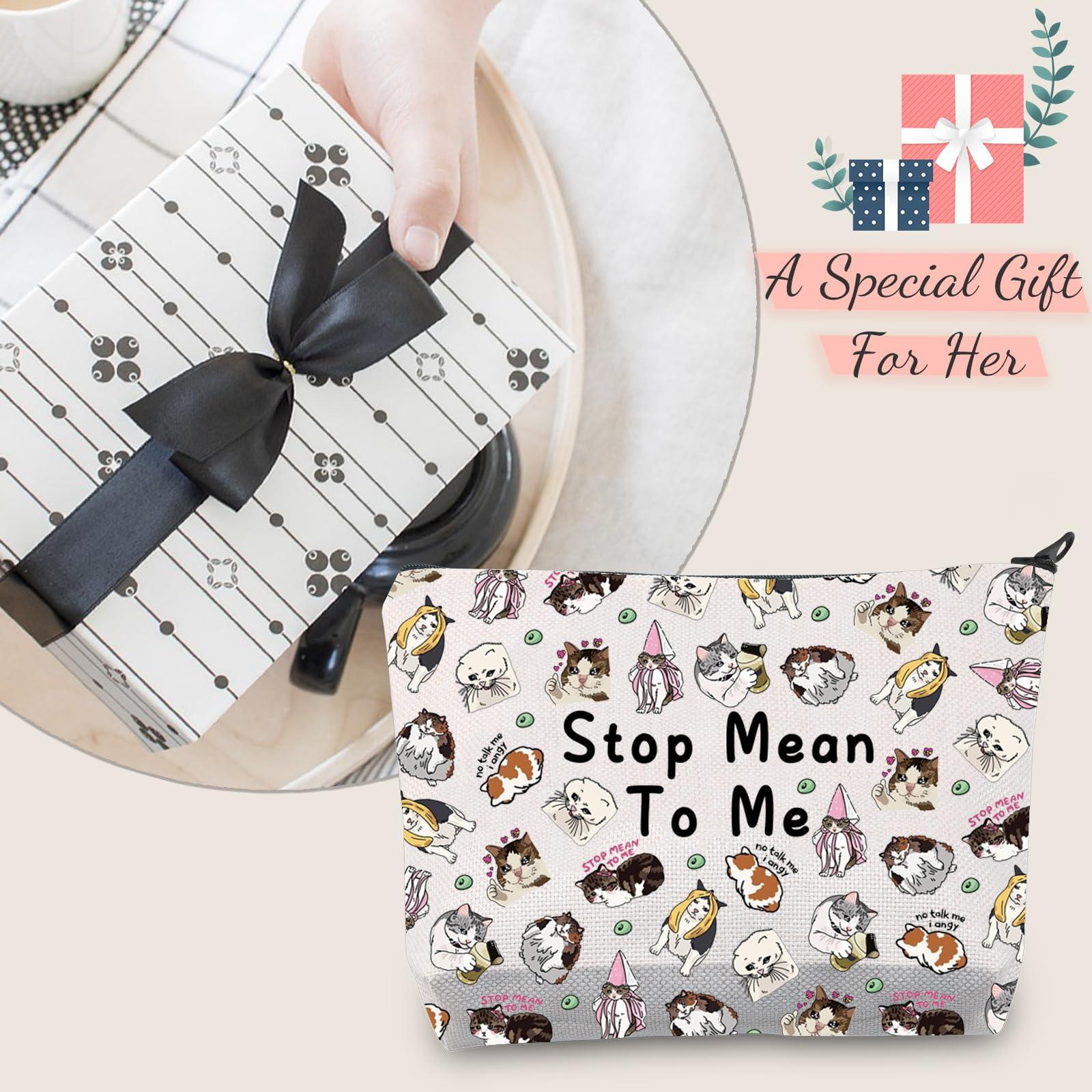 JXGZSO JXGZSO Cartoon Cat Makeup Bag Pet Cat Inspired Gift Stop Mean To Me Sad Cat Meme Cosmetic Bag Cat Theme Gift Animal Pouch