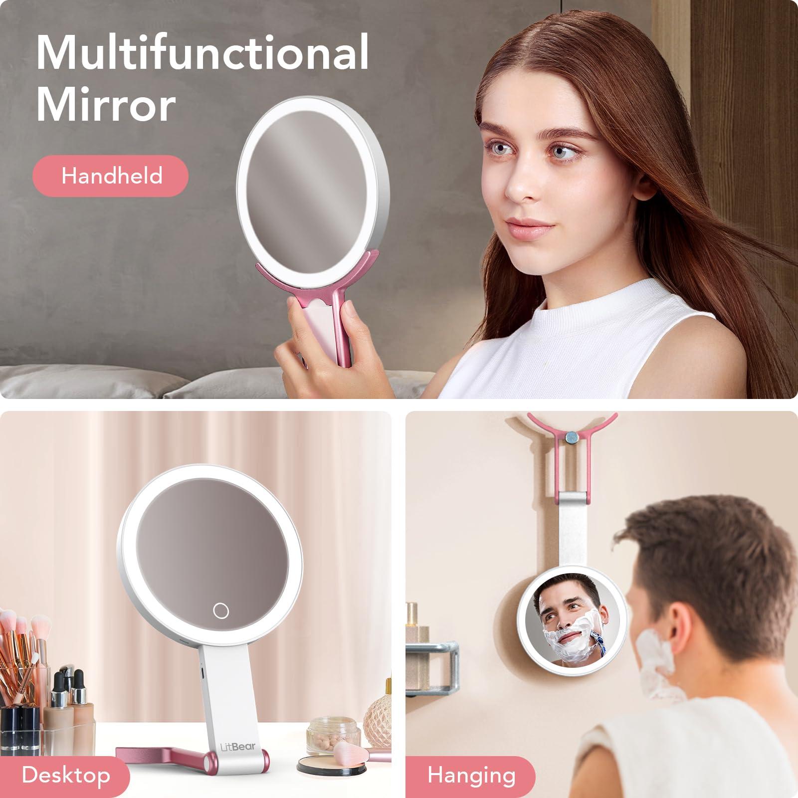 LitBear LitBear Travel Makeup Mirror with Lights, Rechargeable Double-Sided 10X/1X Magnifying Mirror, Portable Lighted Beauty Mirror, 3 Color Lighting, Dimmable Touch Screen, Tabletop Handhold Hanging (White)