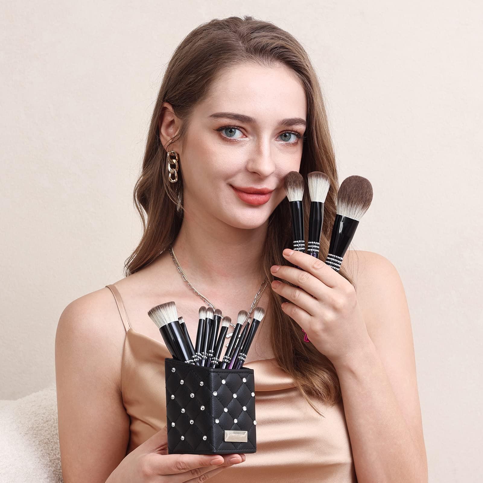 Bueart Design Bueart Design 12PCS Ultra Soft Labeled Makeup Brushes Set with HOLDER case Cosmetic make up brush set (12Pcs Black Rose Red+Holder)