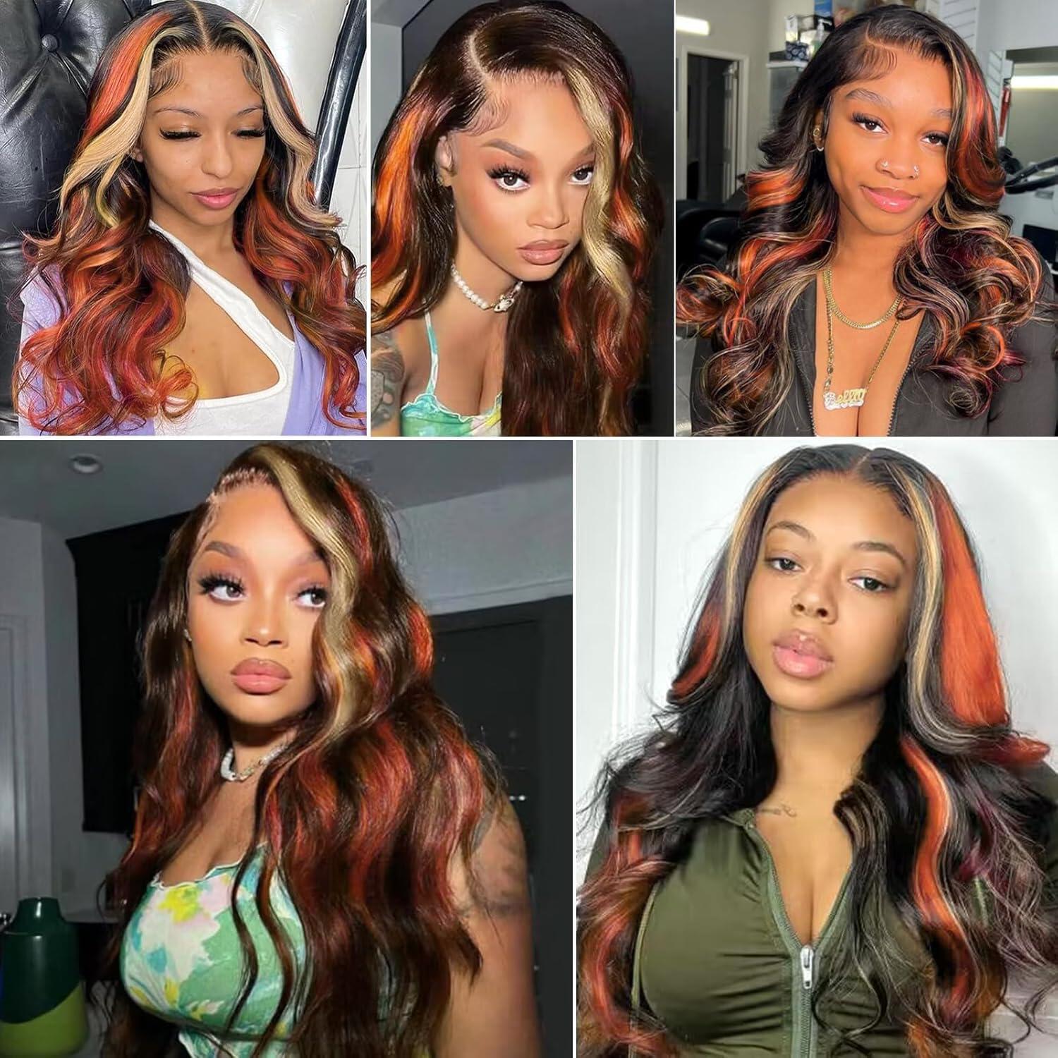 IHEREIN Black Ginger Blonde Highlight Wig Human Hair Lace Front Skunk Stripe Wig 13x4 Glueless Body Wave Lace Frontal Wig Pre Plucked For Women Black Highlights Honey Brown Ginger Wig 22 Inch 150% Density