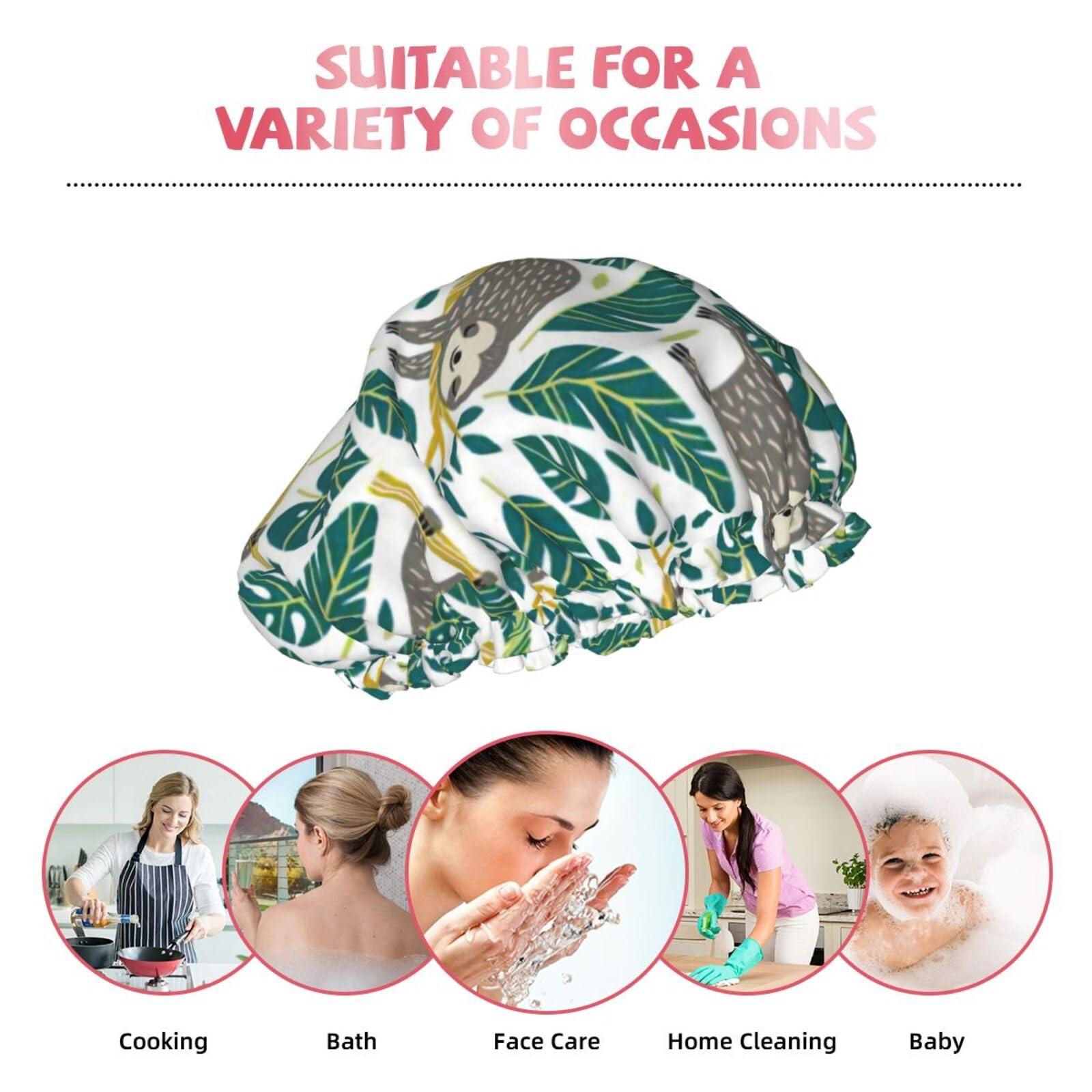 WURTON WURTON Adorable Sloth Print Soft Shower Cap for Women, Reusable Environmental Protection Hair Bath Caps