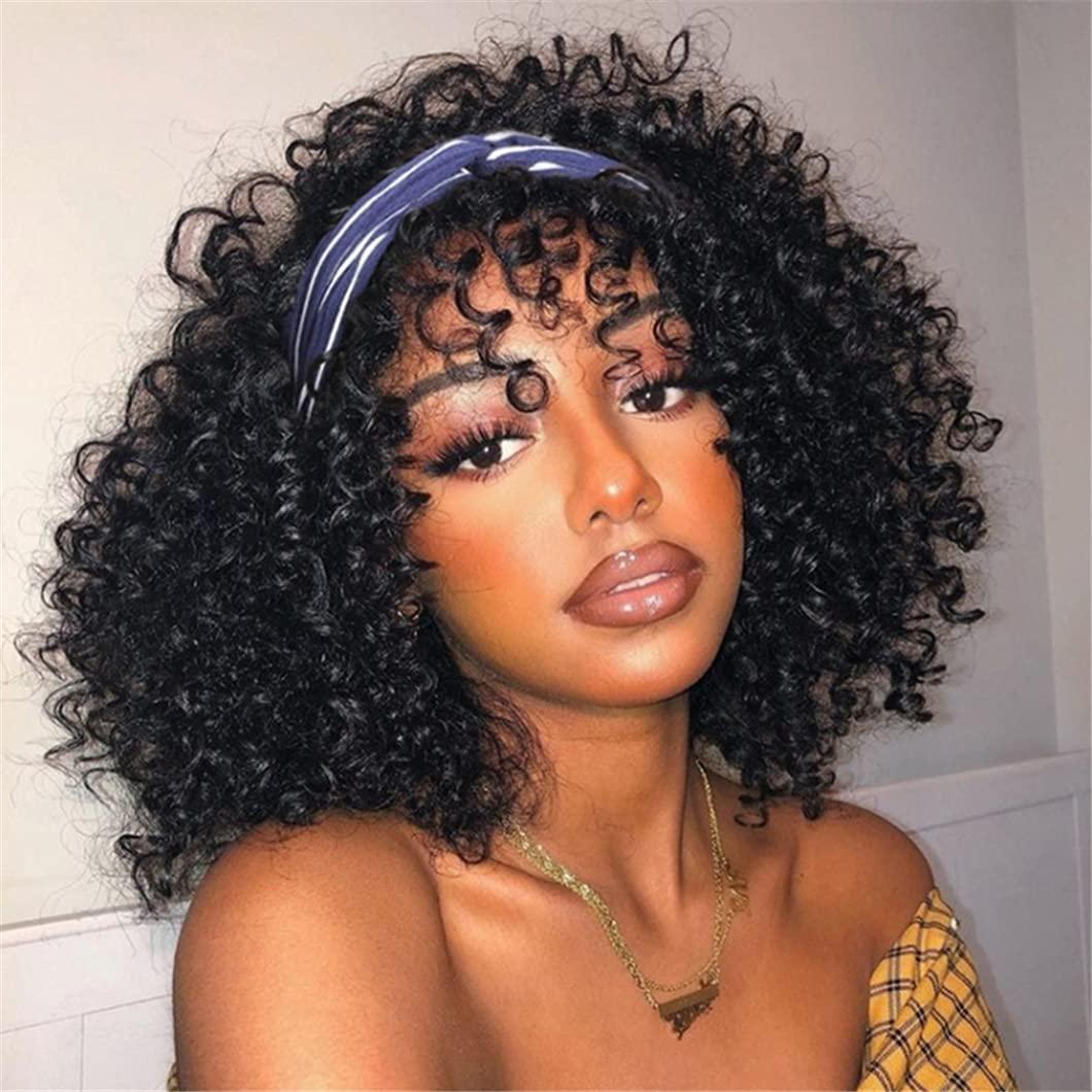 SSJFZM 200 Density Curly100% Human Hair Wigs With Bangs Scalp Top Full Machine Made Wig Remy Brazilian Short Curly Wig For Black Women 180% 30inches