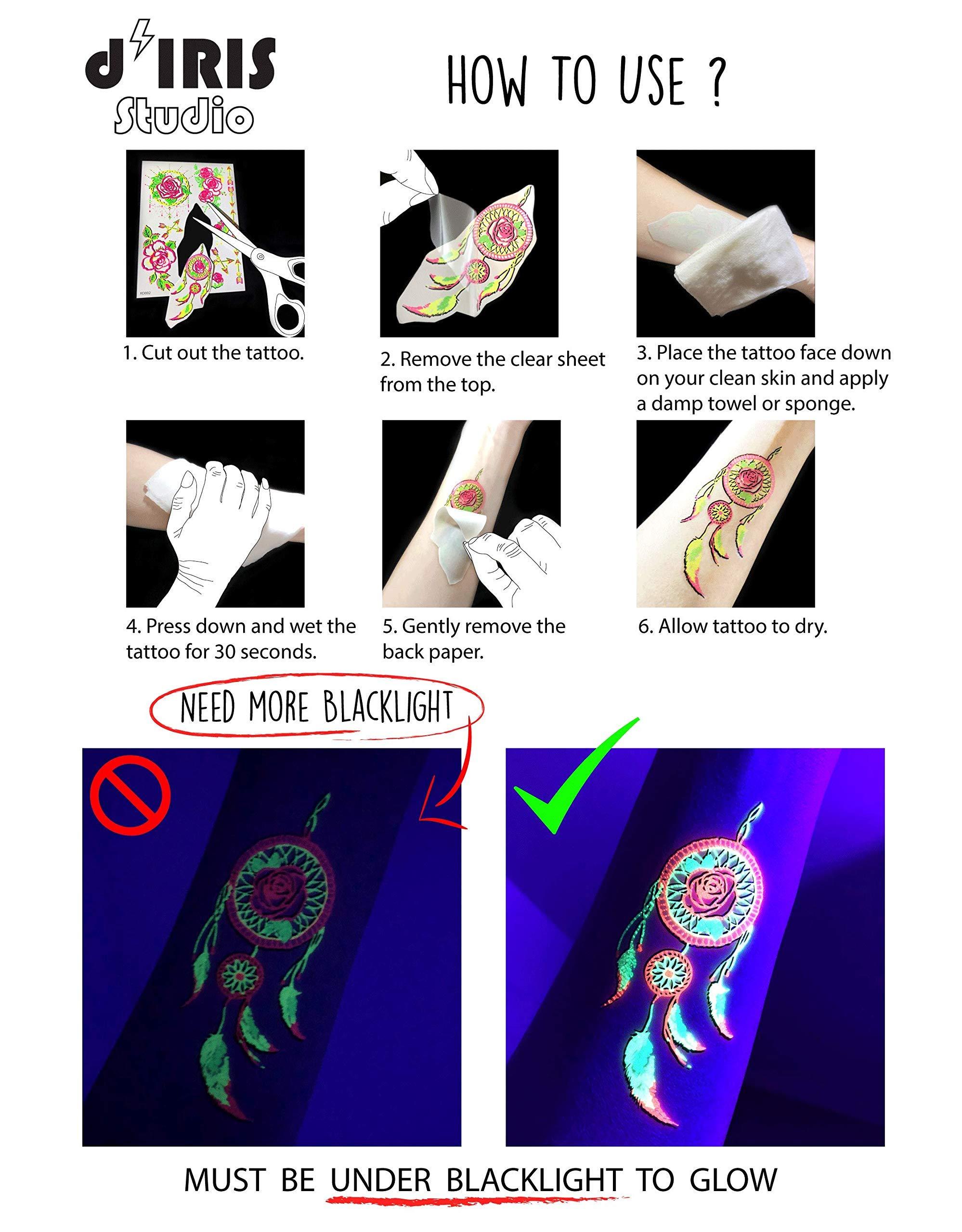 d'IRIS studio Temporary UV Blacklight Reactive Tattoos  1 Sheet Alien UFO Design Body Art Festival Accessories Glow in the Dark Party Supplies | 7.2 x 5.2 Temp Tattoos Great for EDM EDC Party Rave Parties