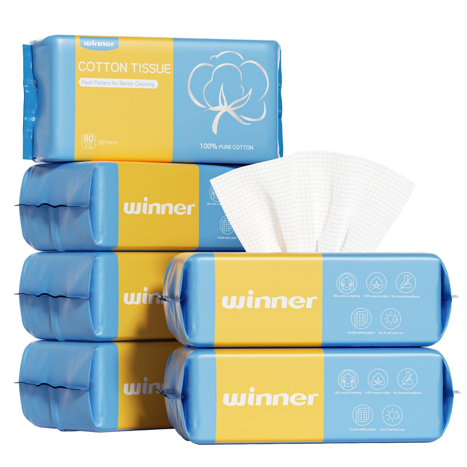 Winner Winner Disposable Face Towels | 100% USA Cotton Daily Face Towelettes, Double-sided Makeup Remover Dry Wipes, Super Soft and Thick Facial Towels for Sensitive Skin, 480 Count, 6 Pack