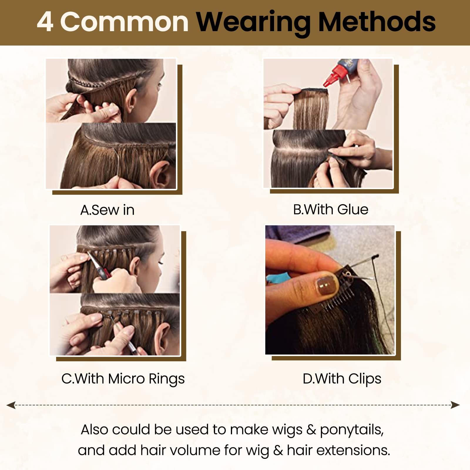 Benafee Hand Tied Weft Hair Extensions Human Hair Bundles Caramel Blonde to Bleach Blonde Sew in Hair Bundles Invisible Beaded Weft Extensions Human Hair Extensions Sew in Human Hair Weave Bundles 12” Thick