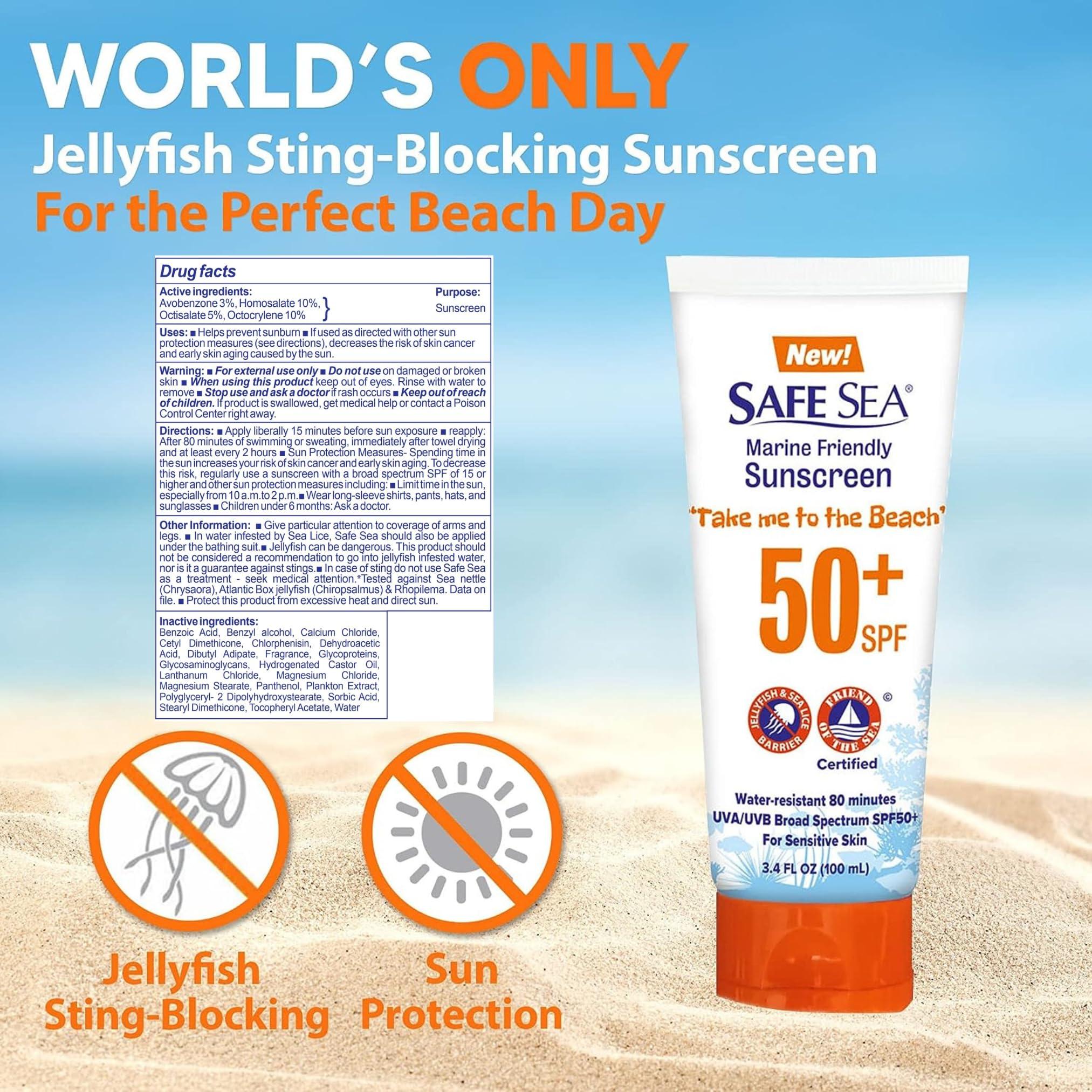 SAFE SEA SAFE SEA Jellyfish Sting-Blocking Sunscreen, SPF 50+ travel Size Lotion, Waterproof, Biodegradable, Coral Reef-Safe – Body and Face Sunscreen, Anti-Jellyfish and Sea-Lice sting protection (Tube 3.4 oz