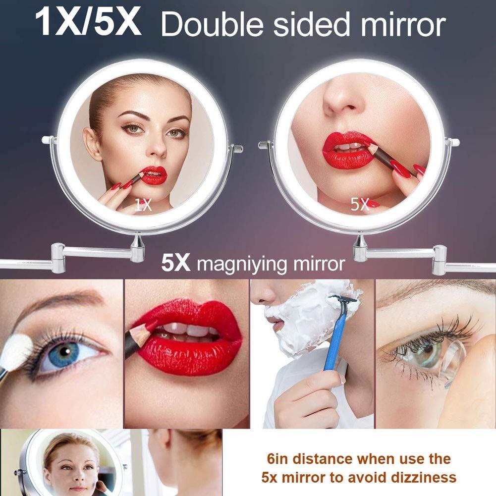 Suuim Wall Mounted Makeup Mirror 5X Magnification Double Sided Folding Led Bathroom Mirror with 3 Color Lights Retractable 360Swivel Illuminated Vanity Mir