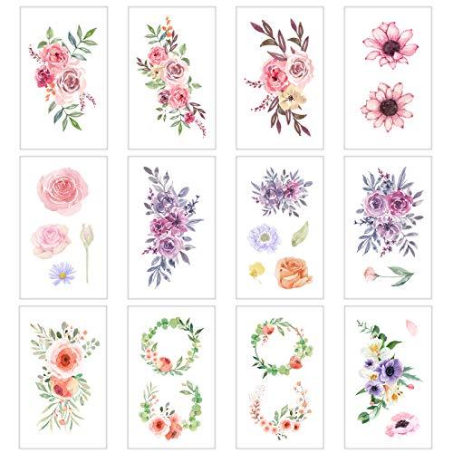 EVERJOY Everjoy Flowers Temporary Tattoos Stickers, Watercolor Roses, Peony, Daisy, Botanical Body Art Fake Tattoos for Women, Girls and Kids - 20 Pcs