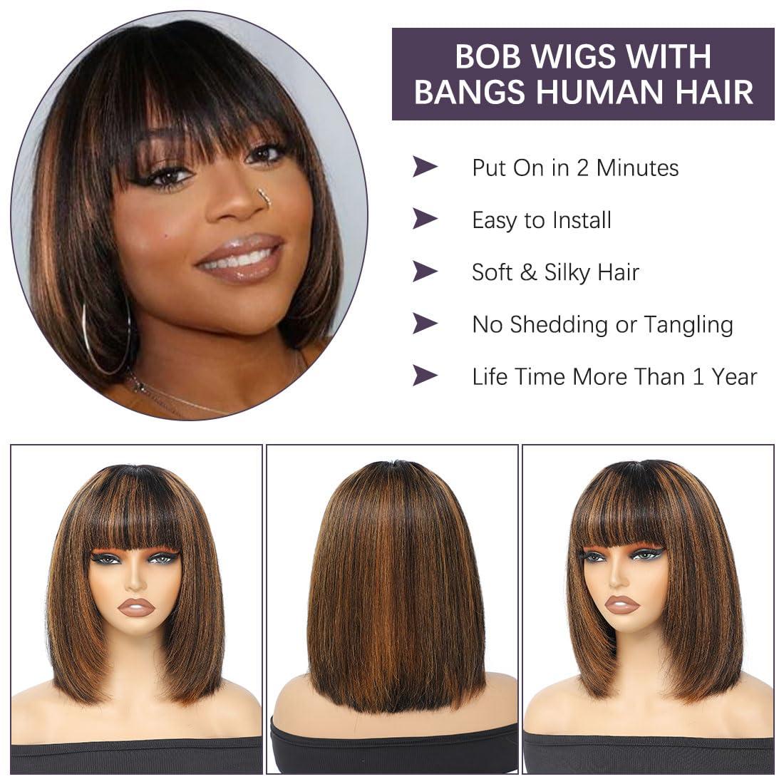 CLIONE Short Bob Wig with Bangs Human Hair 8 Inch Highlight Brown Bob Human Hair Wig with Bangs 2.5x1 HD Lace Bob Wig Ready to Go Glueless Wigs 100% Human Hair Wigs for Black Women Layered Cut 180% Density