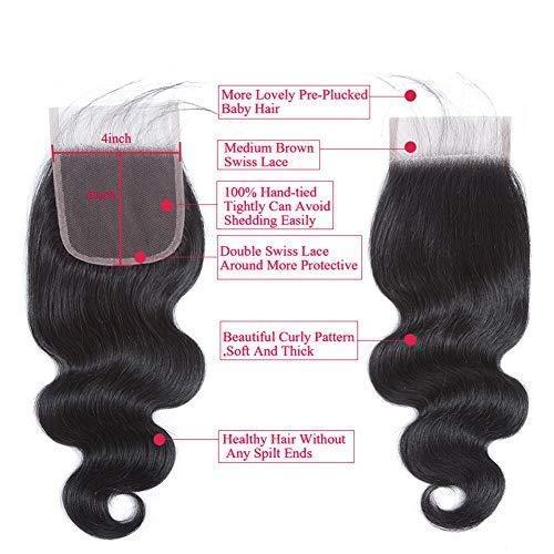 Liangya Hair Body Wave Closure 4x4 Free Part Closure Brazilian Human Hair Closure Body Wave Lace Top Closure Human Hair 100% Virgin Human Hair Weave Swiss Lace closures With Baby Hair Natural Black Color(12inch)