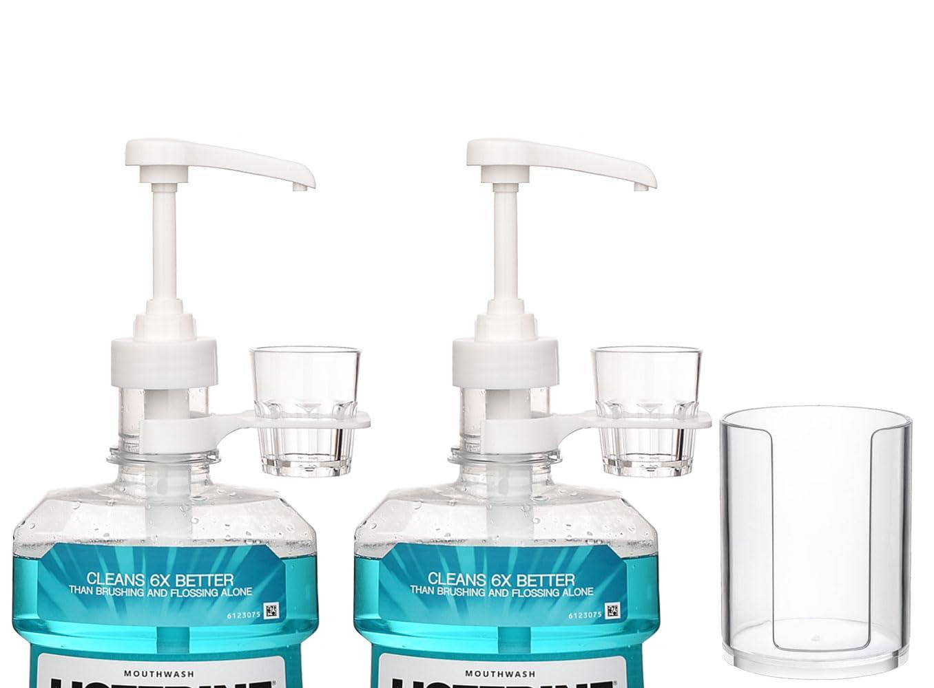 onsogi Dispenser Pumps for Listerine 1 or 1.5 Liter Mouthwash Bottles with Cup Holders, Resuable Cups and Clear Plastic Paper Cup Dispenser - Fits Total Care, Original, Zero Alcohol, Cool Mint, etc