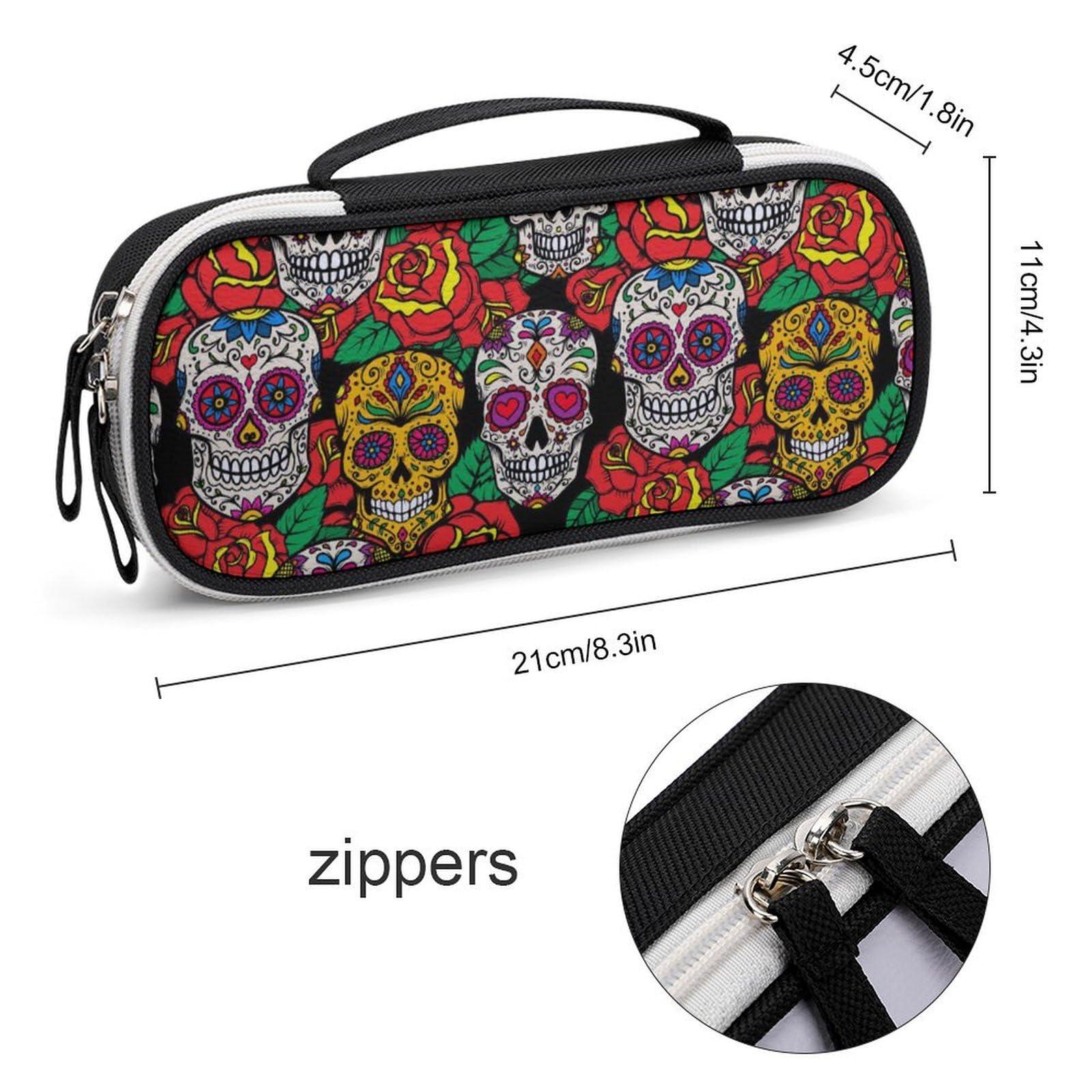 Meaudiwes Fashion Small Pencil Pouch Makeup Bag, Purse Makeup Bag, Portable Toiletry Travel Bag For Women Men Office With Zipper Compatible with Mexican Day Dead Rose Sugar Skulls