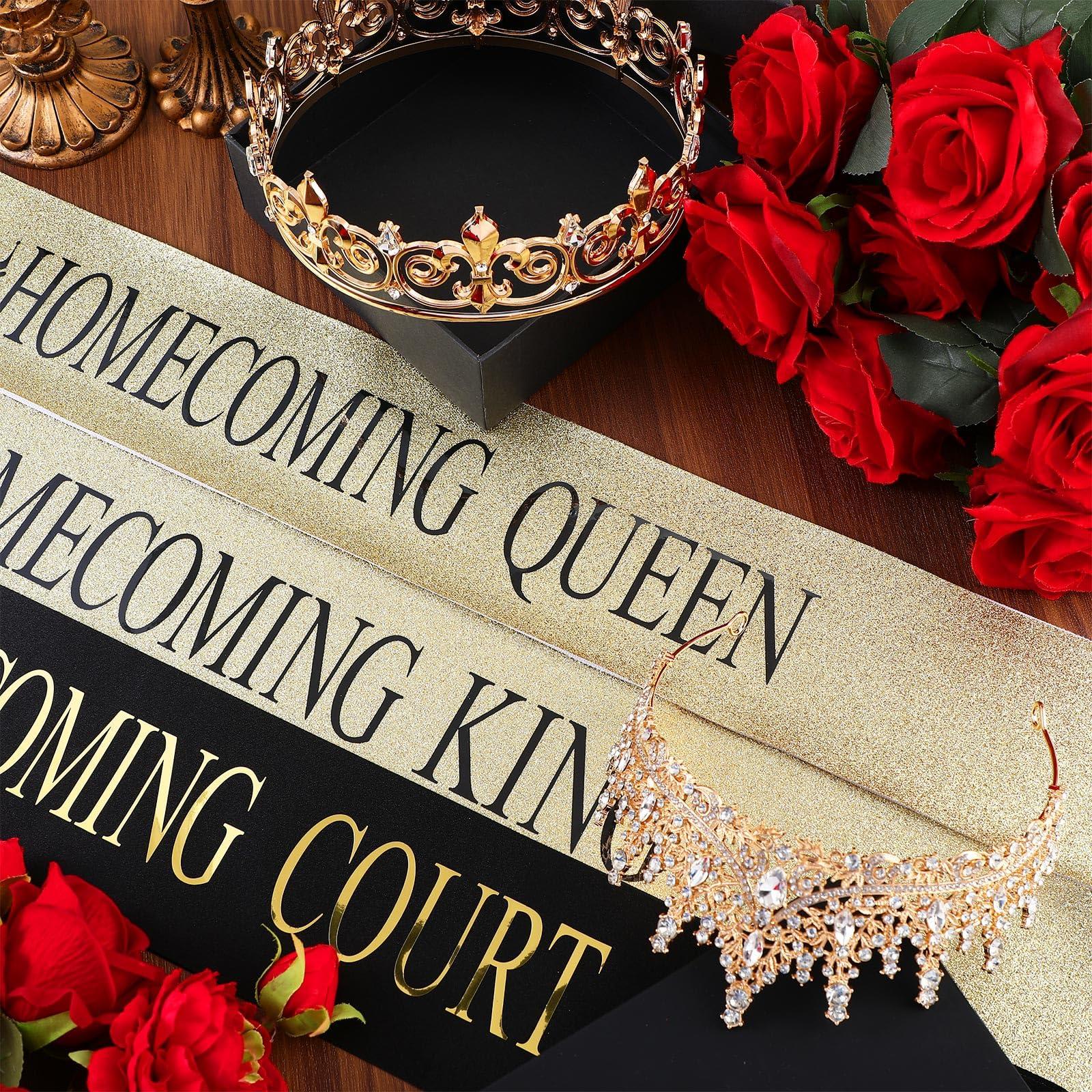Saintrygo Saintrygo 12 Pcs Homecoming Crowns and Sashes Set Homecoming King Queen Crystal Tiara Court Shiny Sash for Party(Classic,Gold)