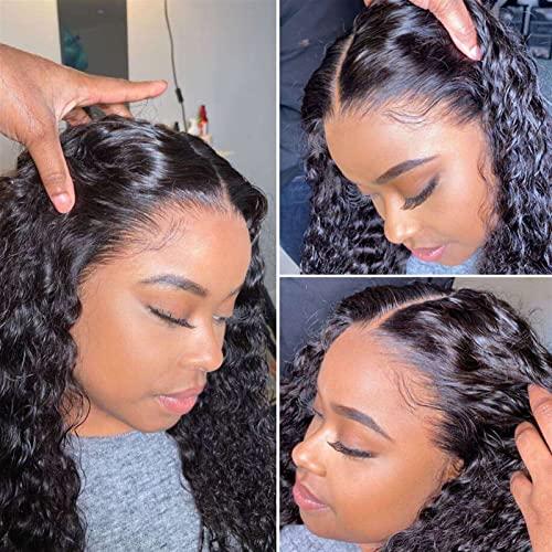 KIZQYN Wigs Deep Wave Frontal Wig Full Lace Front Human Hair Wigs 13x4 Bob Water Wave Hd Wet and Wavy Loose Pre Plucked Curly Human Hair Wig for Daily Party ( Density : 180% , Stretched Length : 12inches )