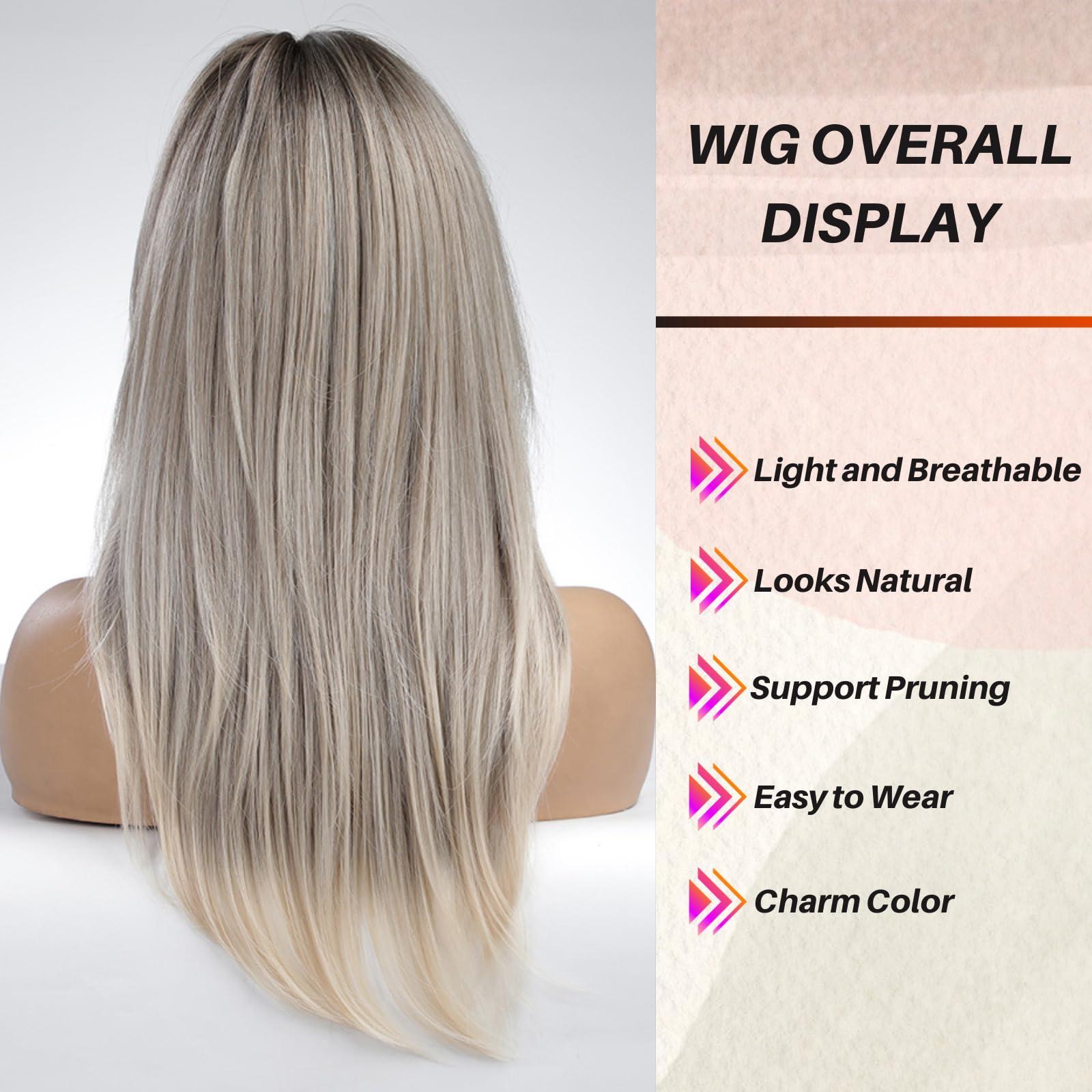 Honygebia Honygebia Brown Blonde Wig with Bangs - Long Wavy Ombre Curtain Bang Wigs for Women, Brown to Blonde Light Ash Dark Roots Synthetic Hair, Heat Resistant Natural Cute Wigs for Halloween/Christmas