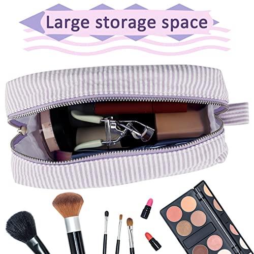 GFU Seersucker Cosmetic Bag, Large Makeup Pouch Travel Toiletry Case with Zipper Closure Seersucker Cosmetic Organizer for Women Girls, Baby Diaper Bag Organizer