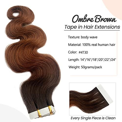 Licoville 24 Inch Ombre Tape in Hair Extensions Human Hair Body Wave Ombre Brown Tape in Extensions 50grams 20pcs Double Sided Medium Brown to Medium Auburn Wavy Real Human Hair Extensions Tape ins