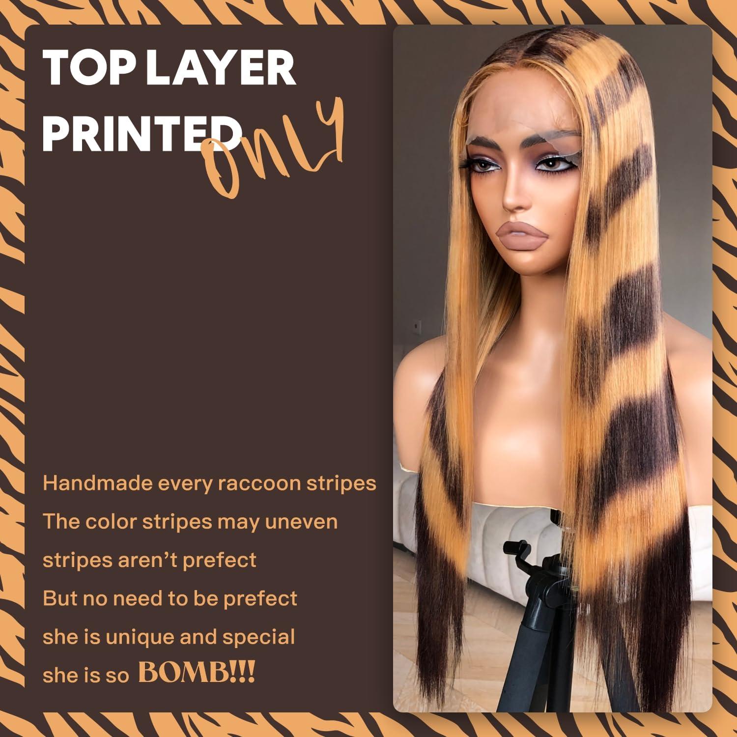 BrownBomb BrownBomb Raccoon Tail Wig Synthetic Lace Front Wig Animal Print Straight Wig, Blonde and Brown Stripes Wig Tiger Print, y2k Wig Raccoon Hair Wigs 26inch