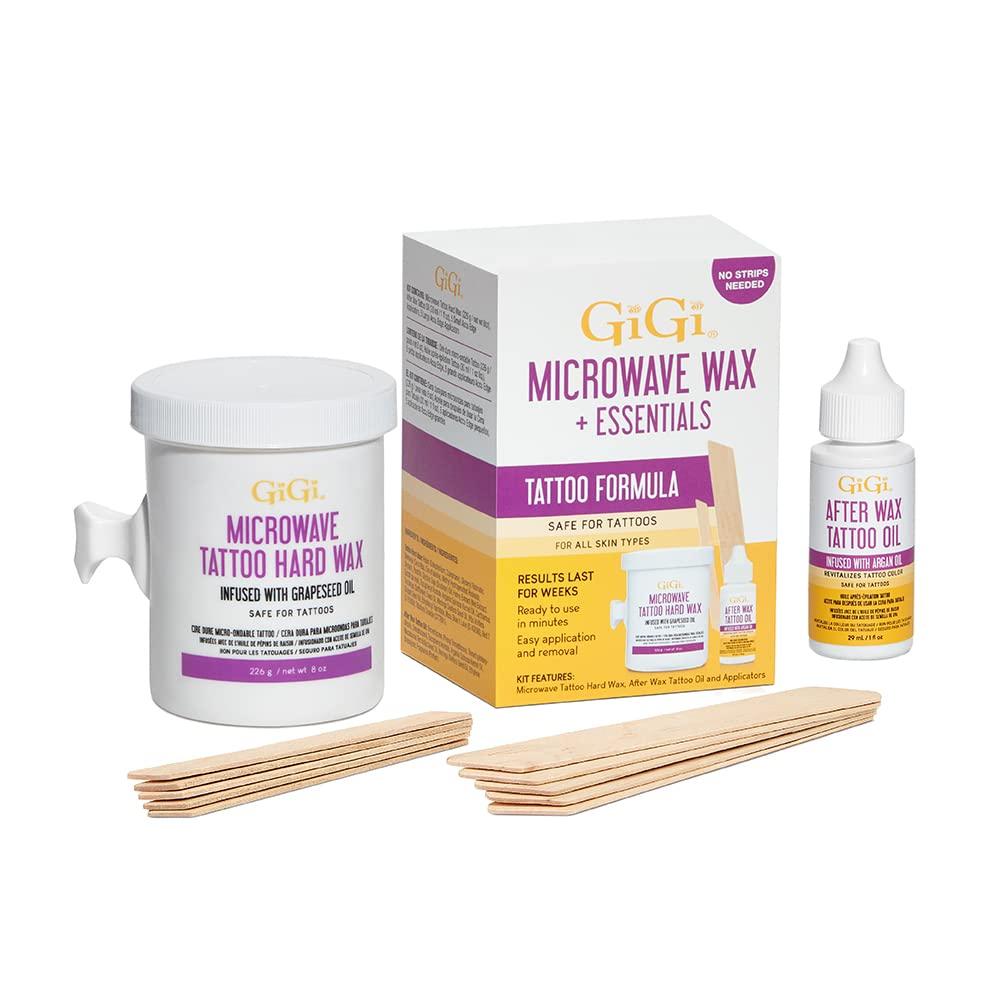GiGi GiGi Microwave Tattoo Hard Wax Kit - Hair Removal Wax for Sensitive Skin & Tattoos, Includes After Wax Oil & Applicators, 8 oz