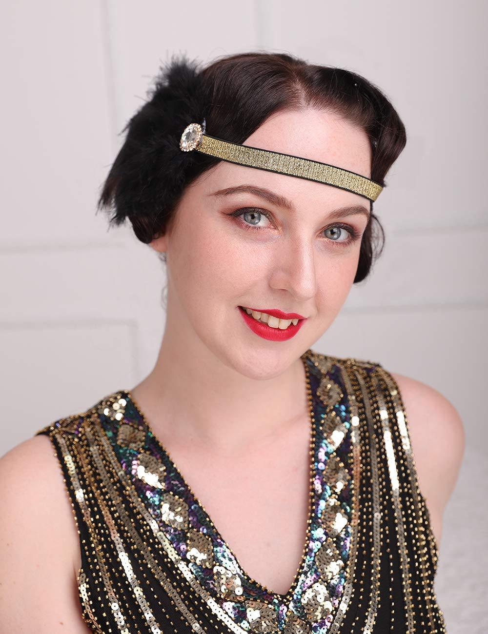 Aimimier Aimimier 1920s Flapper Feather Headband Black with Elastic Hair Band Costume Roaring 20s Feather Headpiece Hair Accessories for Women