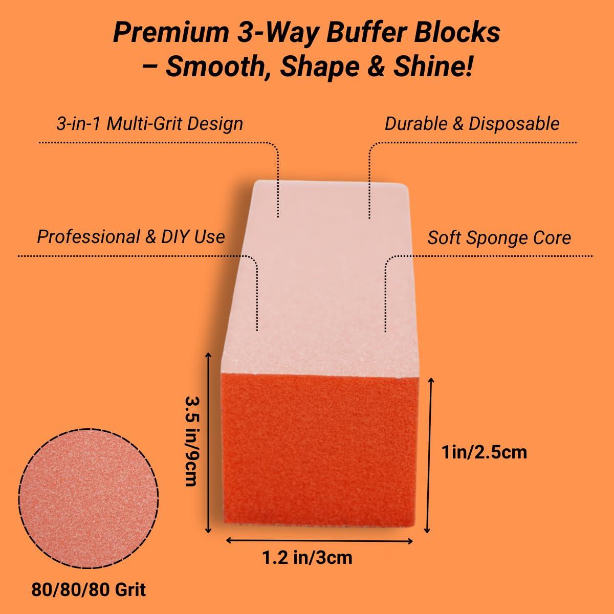 TP PLASTIC TP Plastic 3-Way Nail Buffer Block 80/80/100 Grit Orange Buffing Block for Acrylic, Gel, and Natural Nails Manicure & Pedicure Tool Set (5 Pieces, 3.5\" Long)
