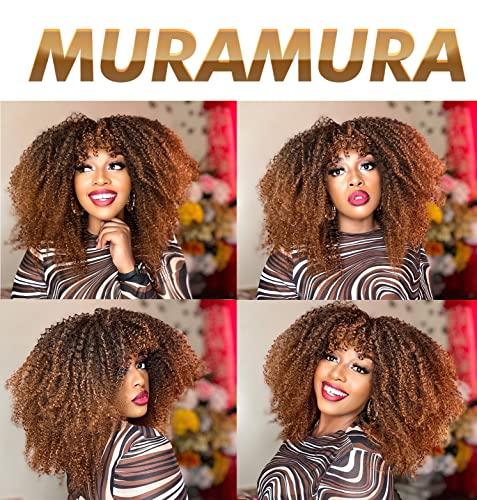 MURAMURA HAIR MURAMURA HAIR 18Inch Long Curly Wig With Bangs for Black Women Afro Bomb Kinky Curly Wig Fluffy and Soft Synthetic HairBlack to Brown