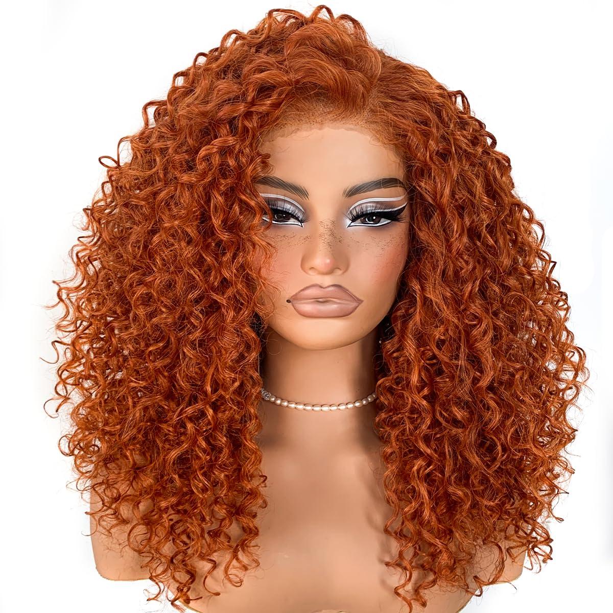 MITIMES MITIMES Glueless Ginger Curly Wig Pre-Plucked Wear And Go Synthetic HD Lace Front Wig 13x6 Layered Afro Curly Wig For Beginners 18 Inch