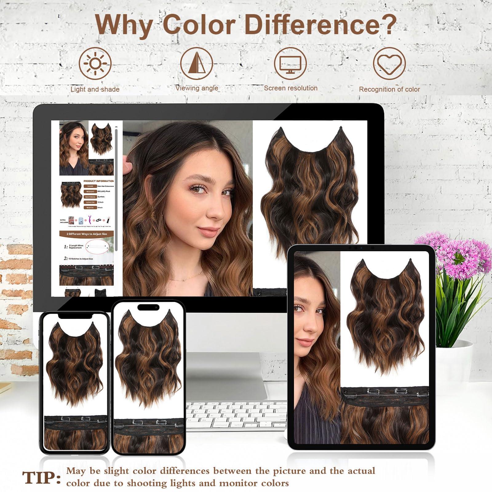 BUPPLER BUPPLER Halo Hair Extensions 12 Inch Invisible Wire Hair Extensions Adjustable Long Wavy Hair Extensions Synthetic Upgrade 4 Secure Clips in Hairpieces 12 Inch, Dark Brown Mix Medium Brown