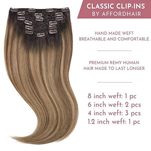 affordhair Affordhair Dark Brown to Chestnut Brown Balayage Hair Extensions Clip in, Remy Clip In Hair Extensions Real Human Hair with Blonde Highlights, 20 Inch, 7pcs, 110g